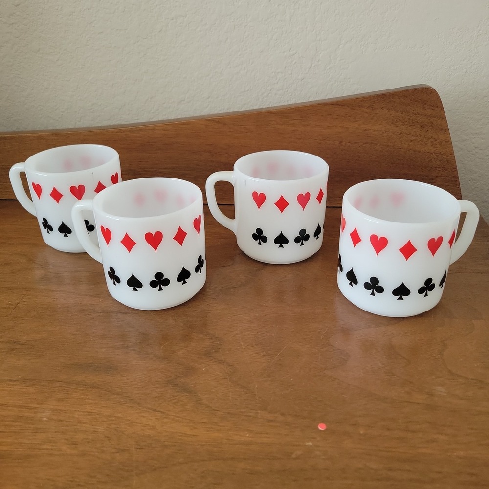 Vtg Federal Glass Coffee Mugs Set Of 4 Playing Cards Suits Hearts Spades Diamond